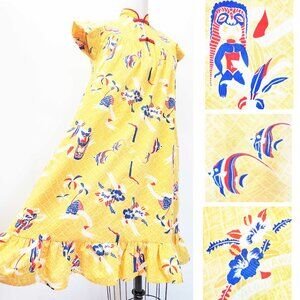 Vintage 50s / 60s Womens Hawaiian Dress Tiki  Gods Underwater Scene Yellow S/XS